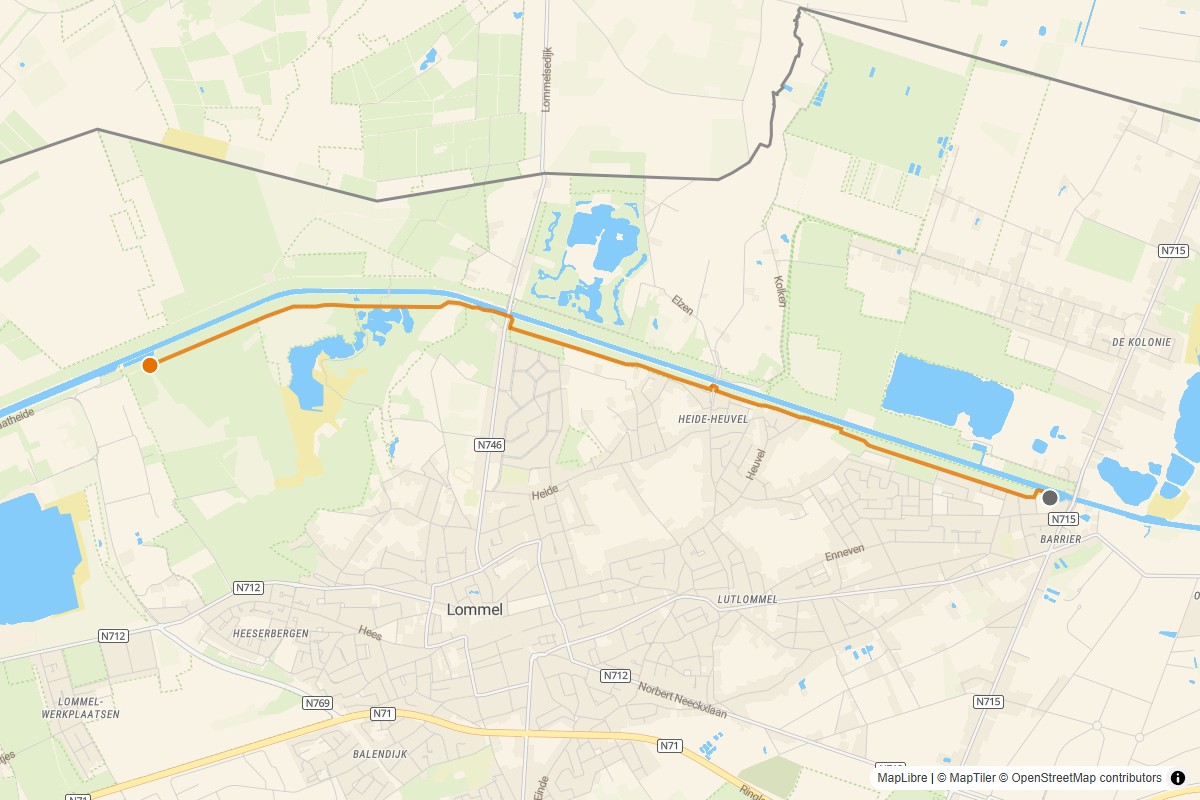 Overzichtskaart van de gravelroute #75 Gravelstrook Lommelse Sahara tot Joe's bridge bij Lommel